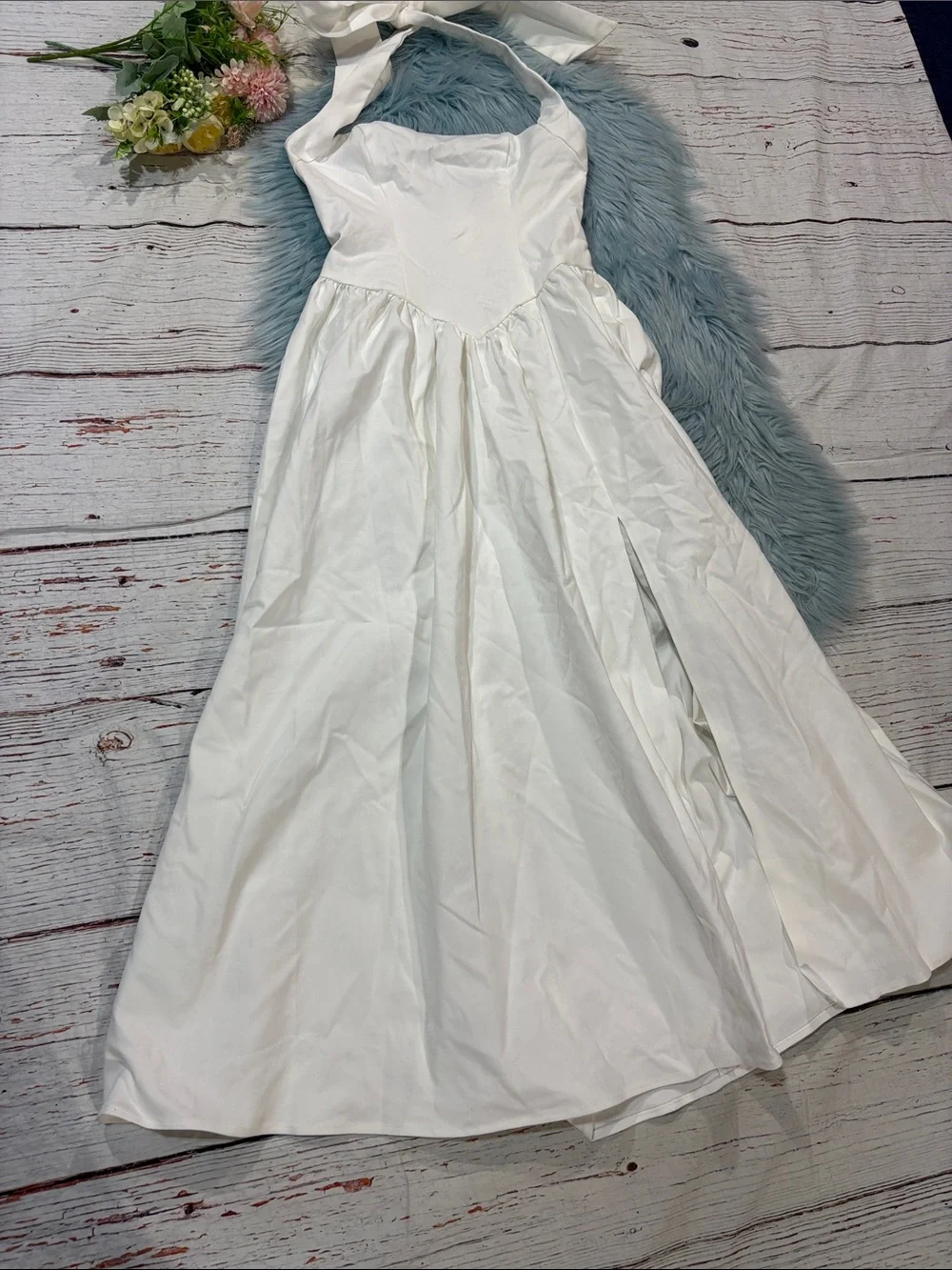 NWT Showpo. HELDA MIDI DRESS Halter Tie Neck Corset Panel In Off White